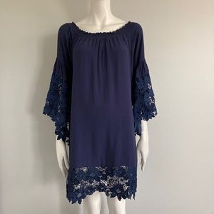 Gorgeous Navy Blue  Bell Sleeved Muche Muchette Dress with Wide Lace Trim, NWT